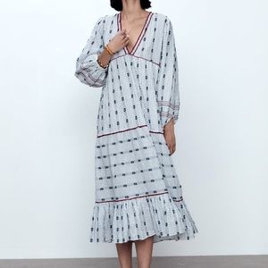 Zara striped tiered dress with red accents, M